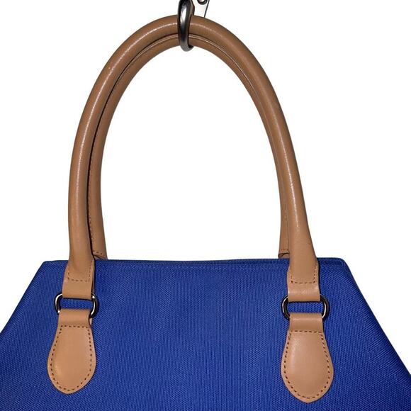 Talbots medium blue canvas contrast tan handle snap closure Y2K satchel handbag - Picture 4 of 10